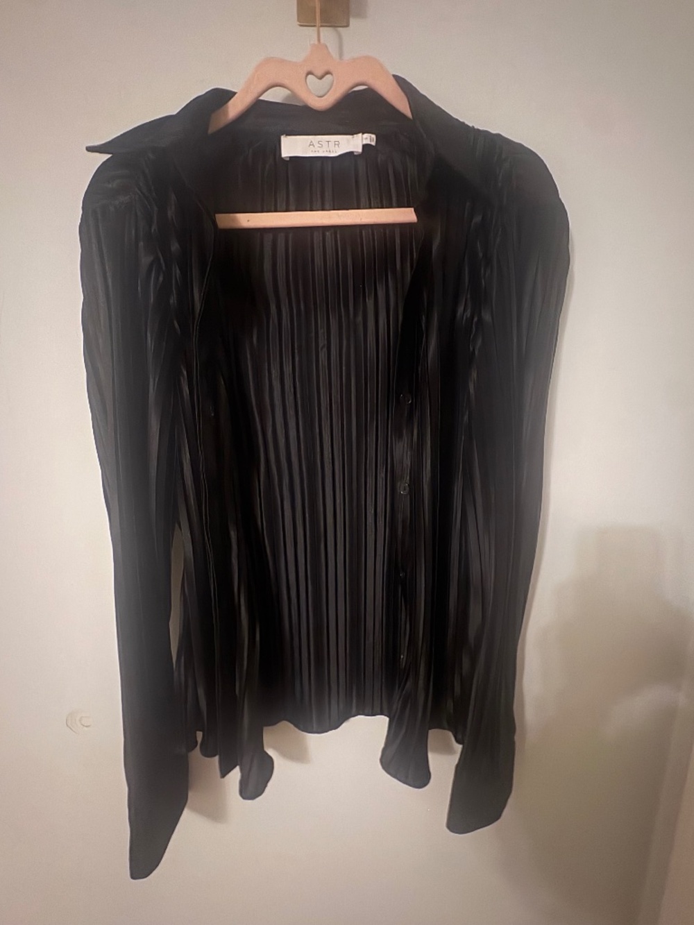 ASTR The Label Black Pleated Satin Look Button Down Blouse Small
